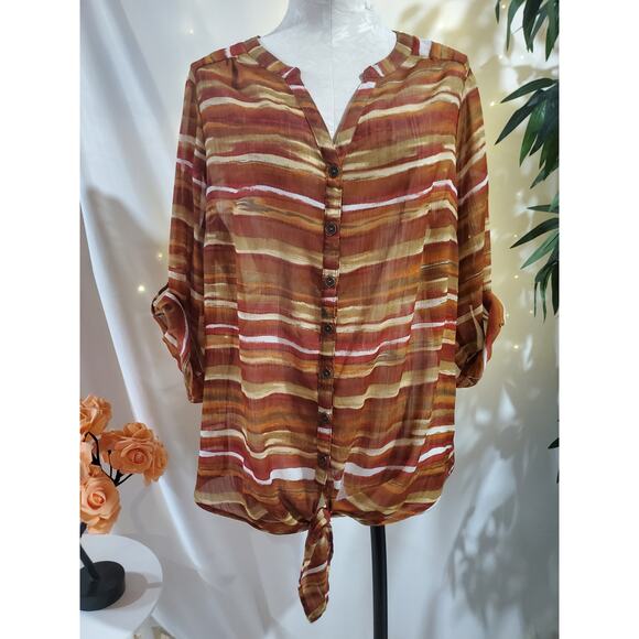 Dress Barn Sheer Stripe Button Up Tie Front Roll Tab Sleeve Blouse Top Size 1X - Picture 1 of 10